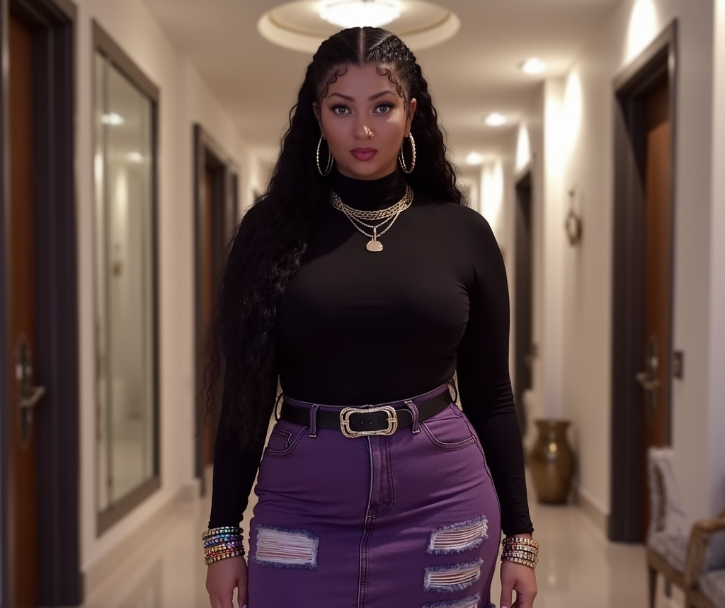 Jalisa Avari posing gracefully featuring a vibrant purple skirt.