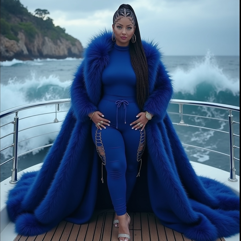 A woman wearing a blue fur coat and outfit stands confidently on a boat with crashing waves behind her, showcasing a stylish and bold look.