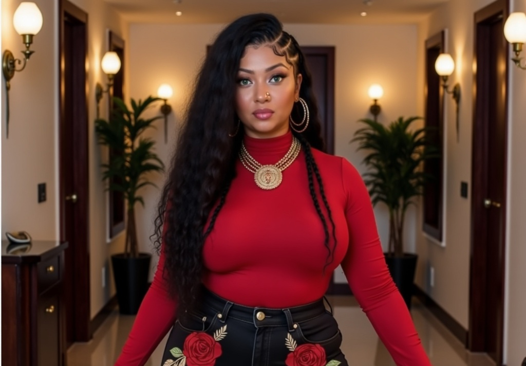 Jalisa Avari performing or modeling styled in striking deep red outfits.
