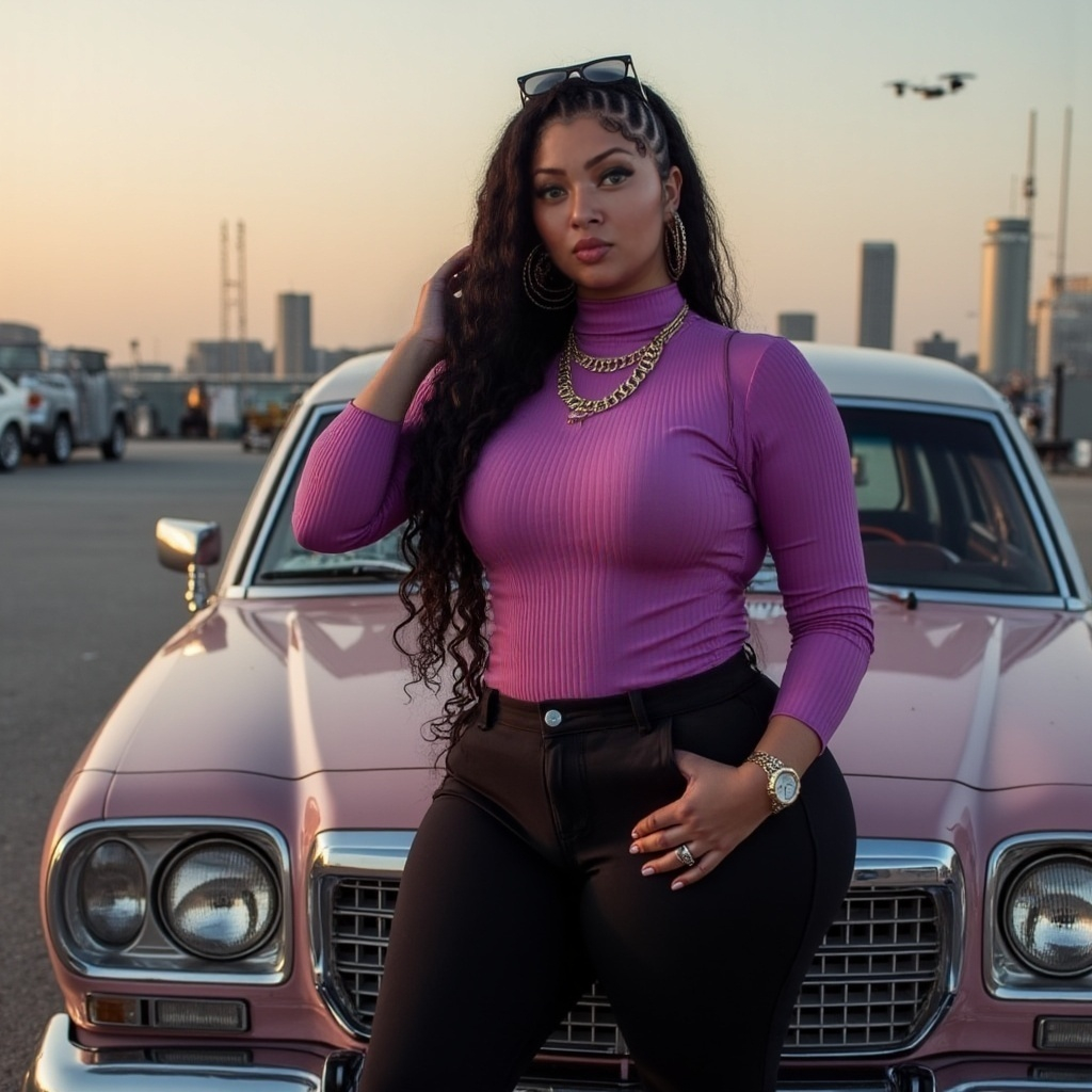 Jalisa Avari matching high-fashion aesthetics with a classic car backdrop, wearing large double-hoop earrings.